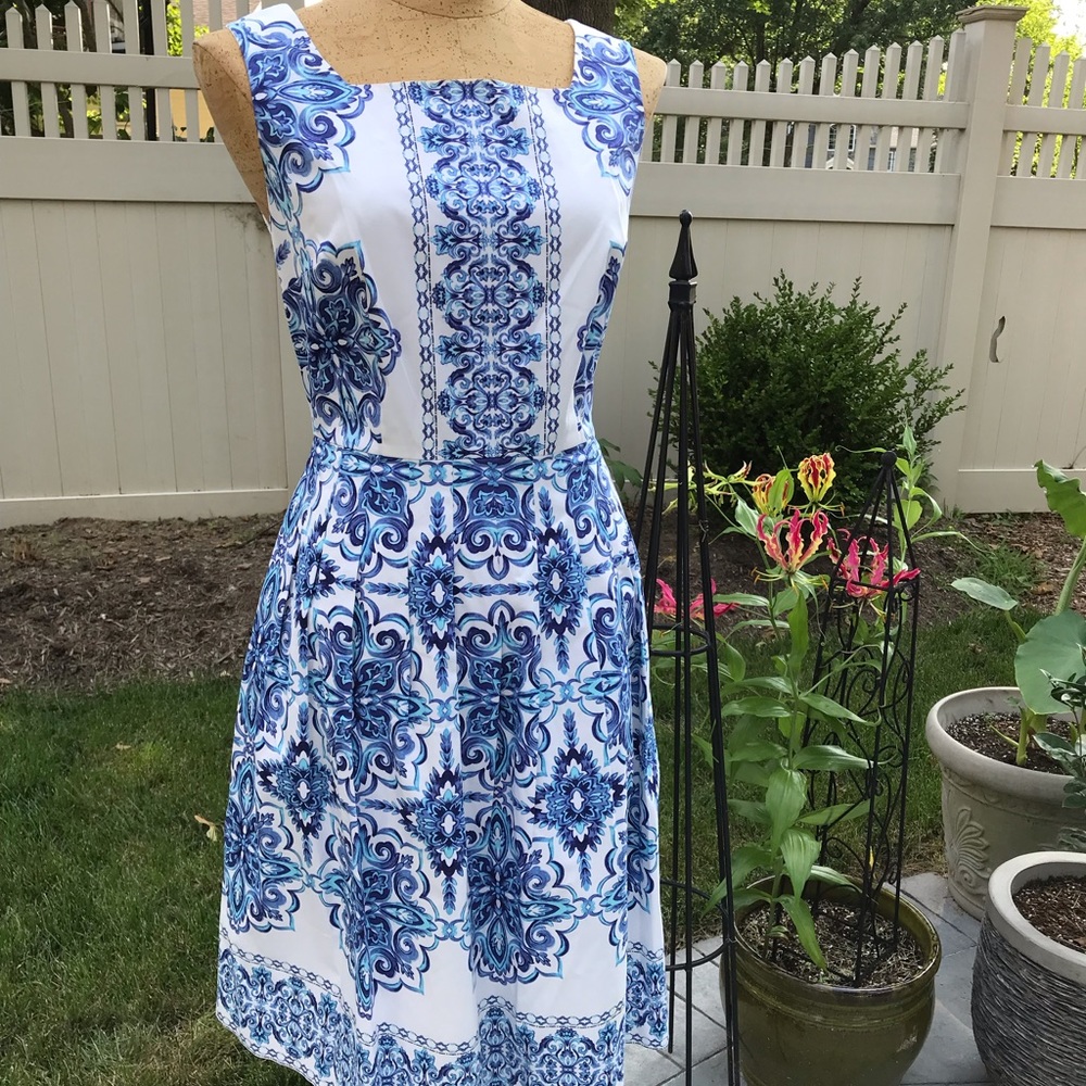 Talbots fit & flare blue & white Party dress